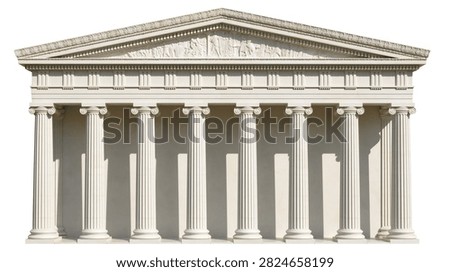 Classical Greek temple facade with ionic columns and ornate pediment sculpture
