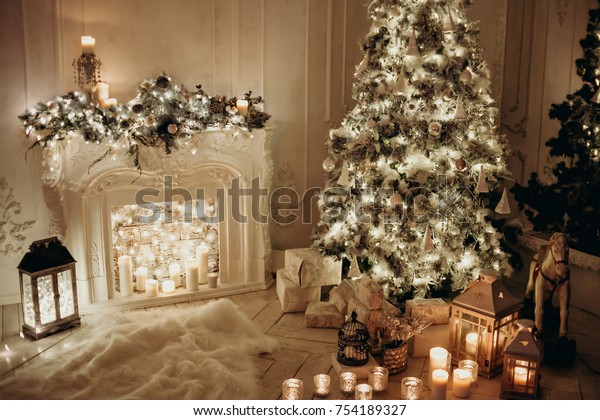 Classical Interior White Room Decorated Fireplace Holidays