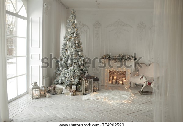 Classical Interior White Room Decorated Fireplace Royalty Free