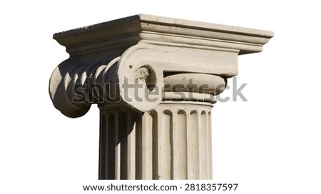 Classical ionic stone column capital with fluted shaft and volute scroll detail