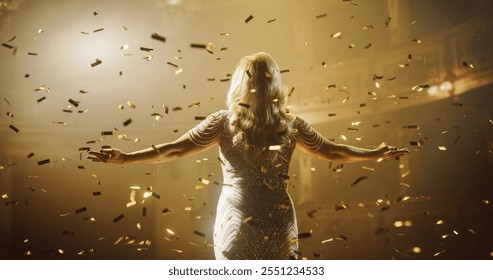 Classical Lead Singer Performing in Front of an Audience in a Theater, Watching a Powerful Music Show by a Talented Anonymous Female Opera Star. Mesmerizing Confetti Falling on Stage. Back View