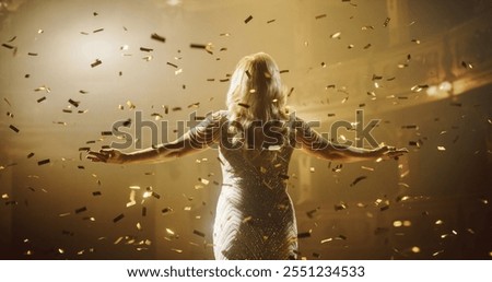 Classical Lead Singer Performing in Front of an Audience in a Theater, Watching a Powerful Music Show by a Talented Anonymous Female Opera Star. Mesmerizing Confetti Falling on Stage. Back View