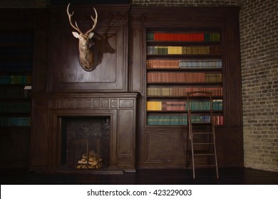 Classical Library Room With Old Books On Shelves In The Victorian Style 