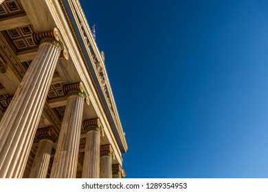 Classical marble pillars detail on the facade of National Academy of Athens, Greece - Shutterstock ID 1289354953