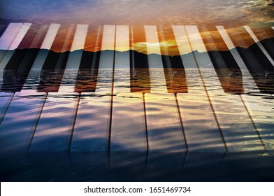 Classical Music Background Photo Double Exposure Of Piano Keys And Sunset Of A Sea Landscape