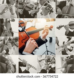 Classical music collage of pictures, professional musicians playing instruments portraits and hands close up, arts and entertainment concept