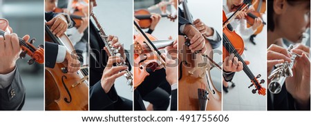 Classical music collage of pictures, professional musicians playing instruments portraits and hands close up, arts and entertainment concept