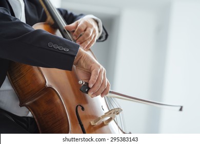 Classical Music Professional Cello Player Solo Performance, Hands Close Up, Unrecognizable Person