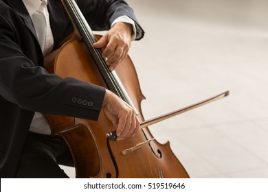 Classical Music Professional Cello Player Solo Performance, Hands Close Up, Unrecognizable Person