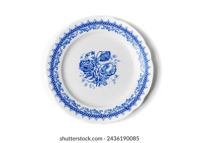 classical old-fashioned dish decorated with blue floral motifs from above, close up , isolated on white background  - Powered by Shutterstock