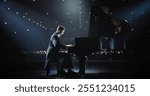 Classical Piano Concert: Under the Spotlight, Pianist Delivering a Powerful Performance on the Grand Piano. Elegant Stage Setting Complements His Passionate Playing, Leaving the Audience Happy