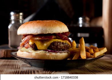 classical style burger with fried potato on a plate