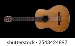 Classical vintage acoustic guitar isolated on black background