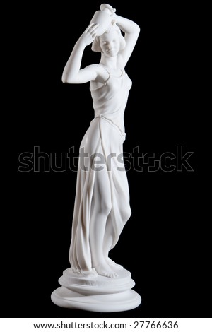 Classical white marble statue of a woman with vase isolated on black background