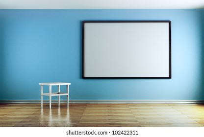 Classroom with blue walls and white boards.