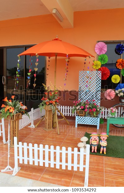 Classroom Decoration Umbrella Flowers Colored Paper Stock Photo