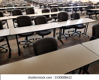 Classroom tables and chairs angled down perspective from front left