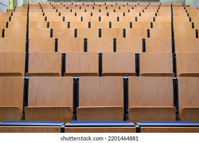 Classroom In University. Lecture Room. Chairs And Tables In Class For Studying Lessons. Classroom Furniture. Amphitheater.