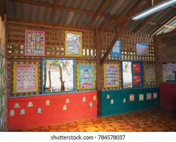 Classroom Wall In The Backcountry. Wooden Wall Stick With Thai Language  Teaching Media. This School Name Is Barn Look Pha Gol. The School Is In Pang Mapha  District, Mae Hong Son Province, Thailand -