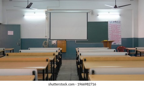 Classroom Without Student, Interior Of Row Empty School In India