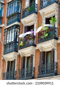 Classy Facade With Balconies In Downtown District Near Plaza Mayor, Madrid, Spain. Vertical Photo.