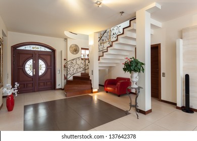 Classy house - entrance, living room and staircase