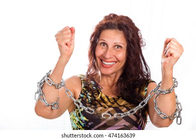 Classy Mature Woman Breaking Chains Isolated On White Background