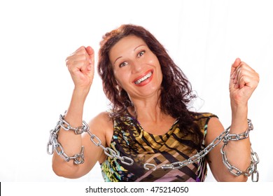 Classy Mature Woman Breaking Chains Isolated On White Background