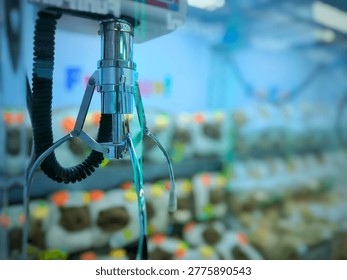 Claw Machine Close Up Focus on Metal Claw with Blurred Stuffed Toy Prizes Background. Close-up view of Mechanical Claw Machine Game.