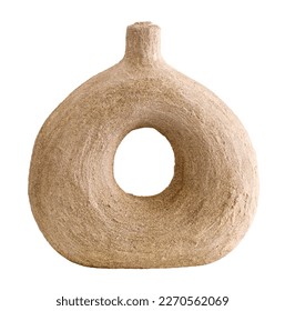 Clay beige round pot isolated on background. Elegant piece of handmade furniture in a rustic style. Still life with ceramic rounded vase for interior design. Donut-shaped vase. Jug like a torus - Shutterstock ID 2270562069