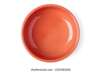 Clay bowl close-up isolated on white. View from above