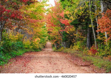 Clay Dirt Road In The Brilliant Autumn Landscape Of Rural Prince Edward Island, Canada.