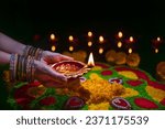 Clay diya lamps lit during diwali celebration, Diwali, or Deepavali, is India