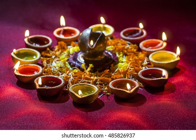 Clay Diya Lamps Lit During Diwali Stock Photo 485826937 