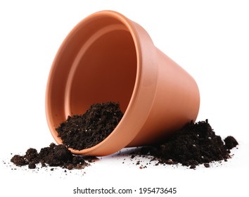 Clay Flower Pot With Soil, Isolated On White 