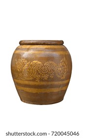 Clay jar with dragon pattern isolated on white background, Thai traditional old pottery, Ratchaburi, Thailand