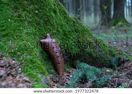 Clay ocarina - a wind musical instrument - leaning against the mossy foot of a tree near spruce branches in the forest