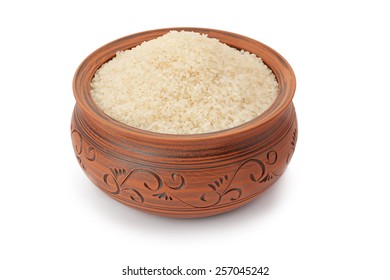 Clay Pot Filled With Rice Isolated On White Background