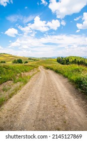 clay road on top of the mountain around the field. Summer warm day. blue sky with clouds. vertical photo. - Shutterstock ID 2145127869