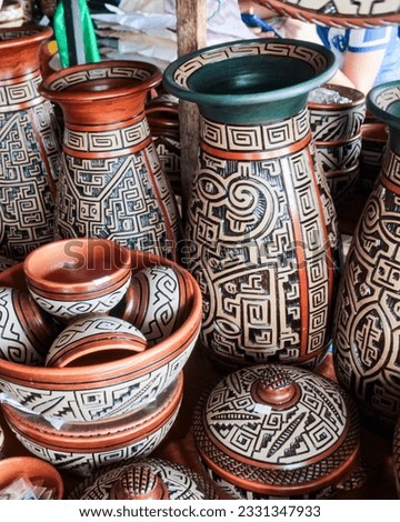 Clay vases, decorated with geoglyphs from the Marajoara ethnic group, sold to tourists as souvenirs at the Belém market, in the state of Pará, in northern Brazil.