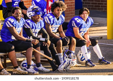 Clayton, North Carolina USA-03 19 2021: High School Football Players Just Before A Big Friday Night Game.