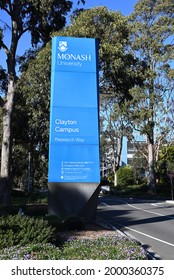 Clayton, Victoria, Australia - July 1 2021: Monash University Sign On Research Way, Marking The Western Entrance To The Clayton Campus