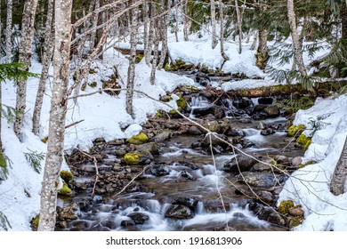 Cle Elum, WA, USA - January 23 2021: Creek Running To Lake Kachess