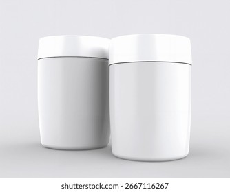 A clean 3D render of two blank white cylindrical jars. Ideal as a packaging mockup for beauty products, creams, or food. Minimalist, modern design.