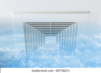 Clean Air Duct With Sky Cloud Fade Ozone Fresh Oxygen, Danger And The Cause Of Pneumonia In Office Man.