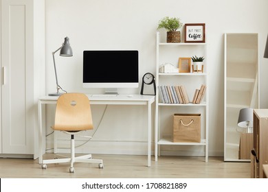 Clean Background Image Of Minimalistic Apartment Interior With Focus On Computer Desk Against White Wall, Copy Space