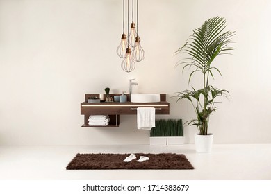 clean bathroom style and interior decorative design, wooden cabinets - Shutterstock ID 1714383679