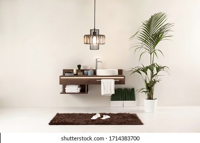 clean bathroom style and interior decorative design, wooden cabinets - Shutterstock ID 1714383700