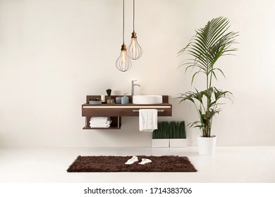 clean bathroom style and interior decorative design, wooden cabinets - Shutterstock ID 1714383706
