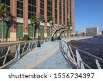 Clean and beautiful Jacksonville Riverwalk, one and a quarter mile paved promenade along the St. Johns River in downtown Jacksonville, Florida, USA. 